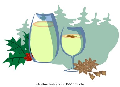 Christmas drink eggnog, cinnamon flowers and istletoe branch on light background. Flat design for holiday card or banner. EPS10 vector illustration.