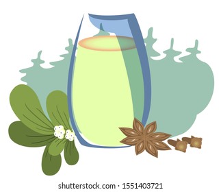 Christmas drink eggnog with cinnamon and white mistletoe branch against the background of fir trees. Flat design for holiday card or banner. EPS10 vector illustration.