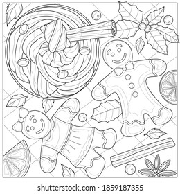 
Christmas drink with gingerbread.Coloring book antistress for children and adults.Zen-tangle style.Black and white drawing