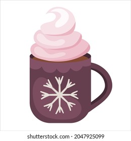Christmas drink hot cocoa with cream isolated on white background.Christmas cup with a winter symbol for a cozy winter. Vector illustration.