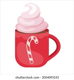 Christmas drink hot cocoa with cream isolated on white background.Christmas cup with a winter symbol for a cozy winter. Vector illustration.