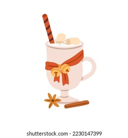 Christmas drink with hot milk, marshmallow, winter spices. Xmas spiced cocktail in glass. Cacao, latte coffee with cinnamon, anise decoration. Flat vector illustration isolated on white background