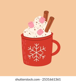 Christmas drink with marshmallow, cinnamon, chocolate chips, cream. Hot winter coffee, chocolate or tea in red mug. Cozy illustration in hand drawn flat style. Holiday design for print, poster, menu