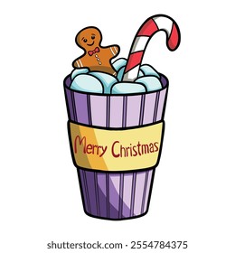 Christmas drink with marshmallow, gingerbread man, cookie, candy cane. Winter hot beverage in cartoon style. Cup of cocoa wrapped in a paper on white background. Hand drawn vector illustration.