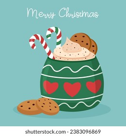 Christmas drink, mug, candy canes and cookies. Christmas concept.