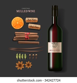 Christmas drink mulled wine, bottle of wine and ingredients, vector illustration.