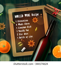 Christmas drink mulled wine, bottle of wine and recipe, vector illustration.