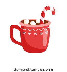 Christmas drink. New Year's hand-drawn cup of coffee or chocolate with 
marshmallows and candy. Cartoon vector illustration.