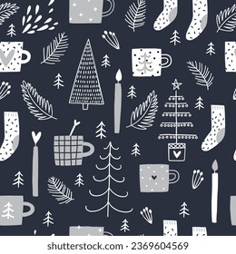 Christmas drink seamless pattern, cozy winter wrapping paper design, Scandinavian style.