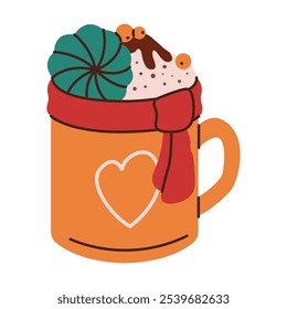 Christmas drink with sweet topping flat color vector object. Hot beverage in mug for winter holiday season illustration on white background