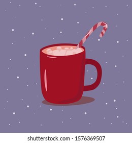 Christmas drink. Vector illustration, winter drink in red mug with marshmallow and candy cane on purple background with snowflakes