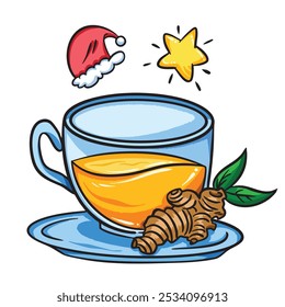 Christmas drink warm ginger tea in glass cup with star and santa hat decoration colorful illustration isolated on square white background. Simple flat outlined cartoon art styled drawing.