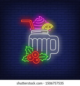 Christmas drink with whipped cream neon sign. Coffee, berries, break. Night bright advertisement. Vector illustration in neon style for poster, banner