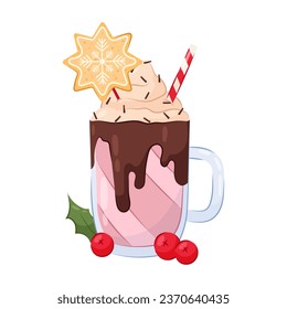 Christmas drink. A winter drink with whipped cream, chocolate and confectionery toppings decorated with gingerbread cookies in the shape of a star with a snowflake. Christmas or winter holiday.