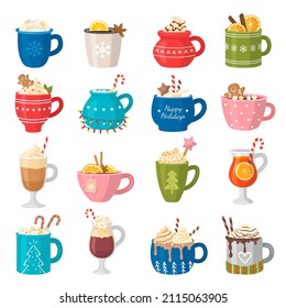 Christmas drinks. Beverages liquid products in decorative cup various delicious hot drinks cappuccino and tea recent vector pictures collection