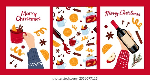 Christmas drinks cards set. Hand with mug and bottle of wine. Mulled wine, fruits and spices seamless background. Vector illustration set.