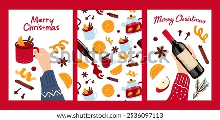 Christmas drinks cards set. Hand with mug and bottle of wine. Mulled wine, fruits and spices seamless background. Vector illustration set.
