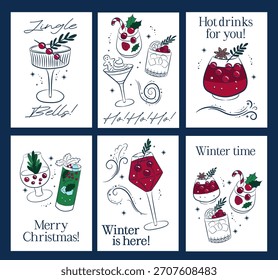 Weihnachtsgetränkekarten. Winterurlaub Cocktails mit Dekoration. Weihnachts- und Neujahrsgetränke in Gläsern in verschiedenen Formen. Bunte Illustrationen im Doodle-Skizzenstil. 