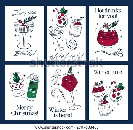 Christmas drinks cards set. winter holiday cocktails with decoration. Christmas and New Year's drinks in glasses of various shapes. Colorful illustrations in doodle sketch style. 