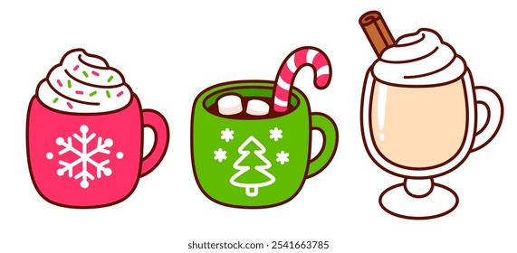 Christmas drinks, coffee with whipped cream, hot chocolate with marshmallows, eggnog. Kawaii hand drawn doodles. Cute cartoon vector illustration set.