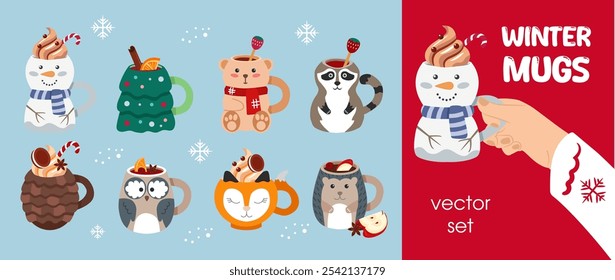 Christmas drinks in cozy mug for children. Set of cute mugs in the shape of animals. Vector set of ceramics elements. Snowman, tree, cone, teddy bear. 