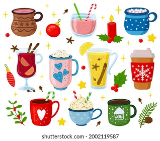 Christmas drinks. Holiday sweet beverages, cocktails, punch, coffee, hot cocoa with marshmallows and whipped cream vector illustration set. Xmas party drinks. Winter sweet drink cup, holiday chocolate