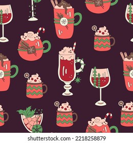 Christmas drinks seamless pattern cartoon doodle.Festive xmas background with alcohol cocktails, coffee, cocoa, hot chocolate mugs, cups, glasses. Repeat vector illustration for restaurant, menu, cafe