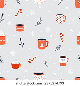 Christmas drinks seamless pattern. Hot chocolate, cute mugs cappuccino and coffee. Cozy winter holidays beverages snugly vector textures