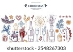 Christmas drinks set champagne, hot chocolate, mulled wine, gingerbread man hand drawn Isolated vector illustration. Collection for holiday menu, party, New Year cards, invitation. Engraving style