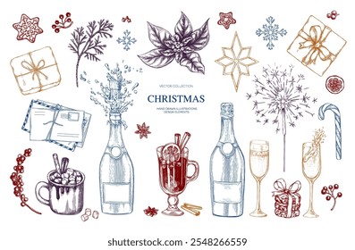 Christmas drinks set champagne, hot chocolate, mulled wine, letter, cookie, hand drawn Isolated vector illustration. Collection for holiday menu, party, New Year cards, invitation. Engraving style