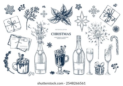 Christmas drinks set champagne, hot chocolate, mulled wine, letter, cookie, hand drawn Isolated vector illustration. Collection for holiday menu, party, New Year cards, invitation. Engraving style