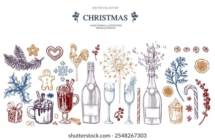 Navidades bebidas conjunto champán, chocolate caliente, vino caliente, hombre de jengibre dibujado a mano Ilustración vectorial aislada. Colección para menú de vacaciones, fiesta, tarjetas de Nuevo año, invitación. Estilo de grabado