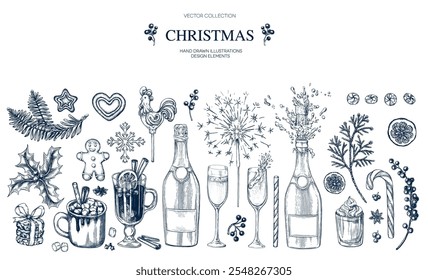 Navidades bebidas conjunto champán, chocolate caliente, vino caliente, hombre de jengibre dibujado a mano Ilustración vectorial aislada. Colección para menú de vacaciones, fiesta, tarjetas de Nuevo año, invitación. Estilo de grabado