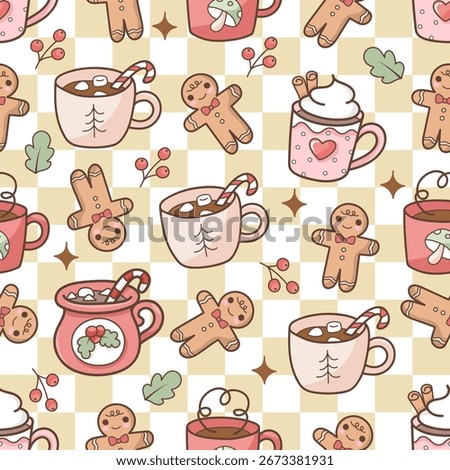 Christmas Drinks and Treats Seamless Pattern, Hot Chocolate Cup Fabric Design Vector