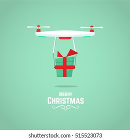 Christmas drone with a gift. Flat Vector Illustration