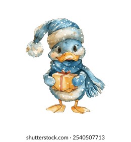 christmas duck vector illustration in watercolor style
