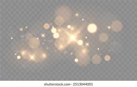 Christmas dust glowing bokeh confetti light and glitter texture overlay for your design. Festive sparkling gold dust png. Holiday powder dust for cards, invitations, banners.