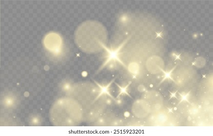 Christmas dust glowing bokeh confetti light and glitter texture overlay for your design. Festive sparkling gold dust png. Holiday powder dust for cards, invitations, banners.