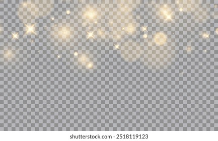 Christmas dust glowing bokeh confetti light and glitter texture overlay for your design. Festive sparkling gold dust png. Holiday powder dust for cards, invitations, banners.