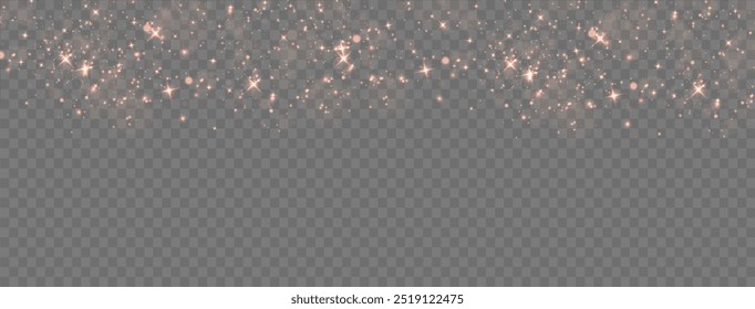 Christmas dust glowing bokeh confetti light and glitter texture overlay for your design. Festive sparkling gold dust png. Holiday powder dust for cards, invitations, banners.