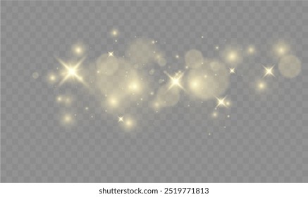 Christmas dust glowing bokeh confetti light and glitter texture overlay for your design. Festive sparkling gold dust png. Holiday powder dust for cards, invitations, banners.