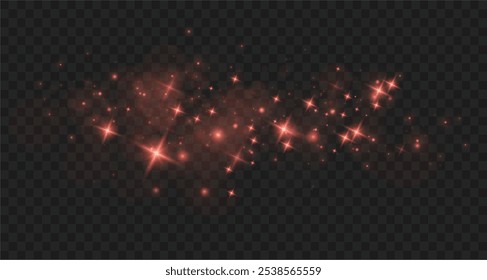 Christmas dust glowing bokeh confetti light and glitter texture overlay for your design. Festive sparkling red dust png. Holiday powder dust for cards, invitations, banners.