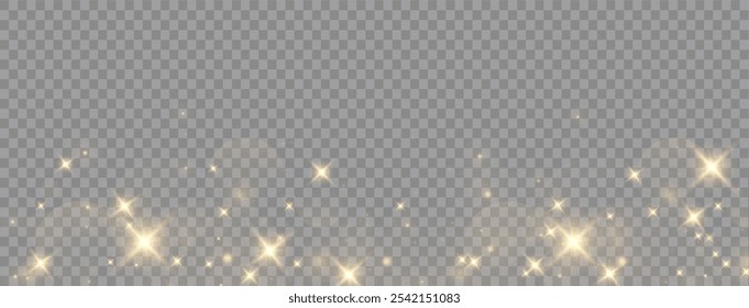 Christmas dust glowing bokeh confetti light and glitter texture overlay for your design. Festive sparkling gold dust png. Holiday powder dust for cards, invitations, banners.