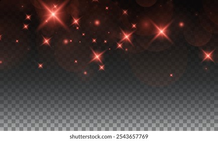 Christmas dust glowing bokeh confetti light and glitter texture overlay for your design. Festive sparkling red dust png. Holiday powder dust for cards, invitations, banners.