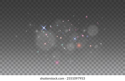 Christmas dust glowing bokeh confetti light and glitter texture overlay for your design. Festive sparkling gold dust png. Holiday powder dust for cards, invitations, banners.	
