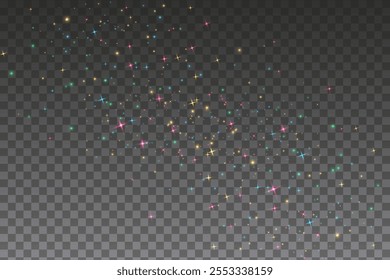 Christmas dust glowing bokeh confetti light and glitter texture overlay for your design. Festive sparkling gold dust png. Holiday powder dust for cards, invitations, banners.