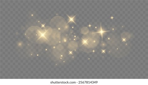 Christmas dust glowing bokeh confetti light and glitter texture overlay for your design. Festive sparkling gold dust png. Holiday powder dust for cards, invitations, banners.	
