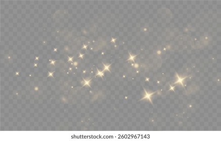 Christmas dust glowing bokeh confetti light and glitter texture overlay for your design. Festive sparkling gold dust png. Holiday powder dust for cards, invitations, banners.
