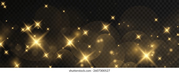 Christmas dust glowing bokeh confetti light and glitter texture overlay for your design. Festive sparkling gold dust png. Holiday powder dust for cards, invitations, banners.