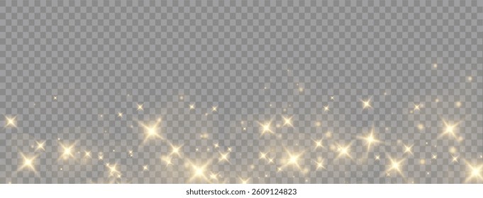 Christmas dust glowing bokeh confetti light and glitter texture overlay for your design. Festive sparkling gold dust png. Holiday powder dust for cards, invitations, banners.